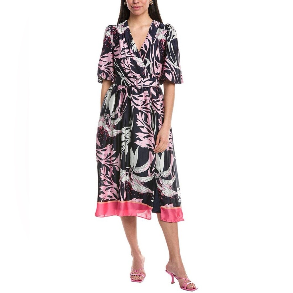 New NWT Maison Tara Floral Belted Front Slit Bubble Sleeve Midi Dress Sz. 12